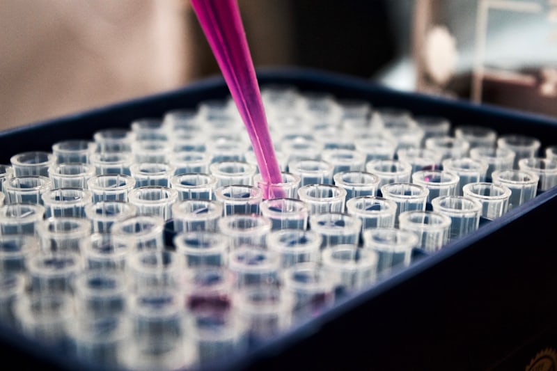 Pipette dispensing samples into test tubes in a laboratory