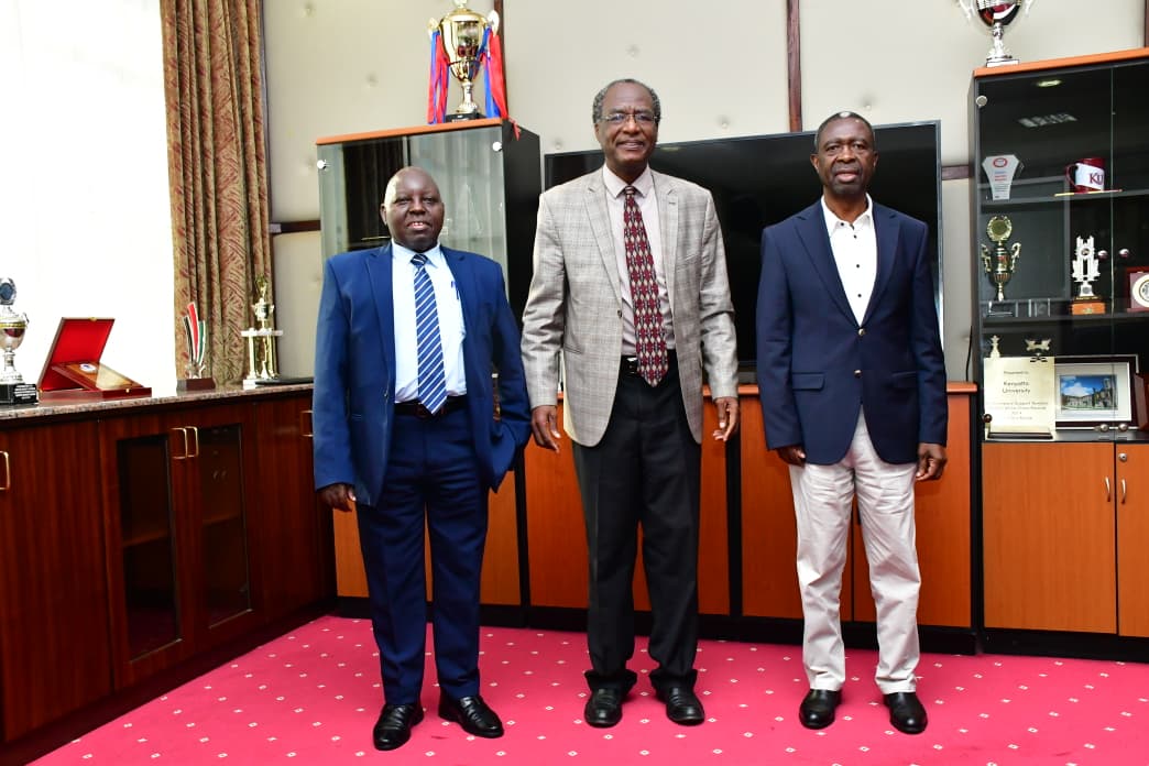In Picture: Prof. Michael Muita Gicheru, Executive Dean, Graduate School (left), Prof. Dankit K. Nassiuma, EBS, the Chancellor of Moi University (center) and Ag. Vice-Chancellor, Prof. John Okumu (righ)