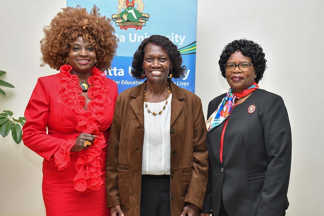 In the Picture Hon. Yvonne Apiyo of the Swiss Parliament (Left), Prof. Caroline Thoruwa, DVC (Research, Innovation and Outreach) (Center) and Prof. Waceke Wanjohi, DVC (Academic) (Right)